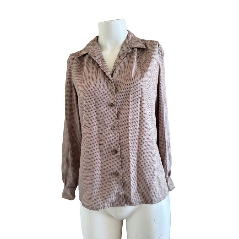 Vintage 70s womens button up taupe tan polka dot